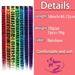 18' 7 Pcs Rainbow Long Straight Zebra Print Synthetic Feather Clip in Hair Extensions for Women, Ideal Halloween Christmas