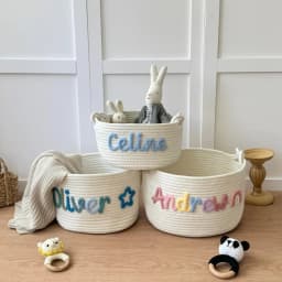 1pc Custom Personalized Vintage Handmade Round Storage Basket, Customized Letter Name, Daily Life Home Decoration/Christmas Gift