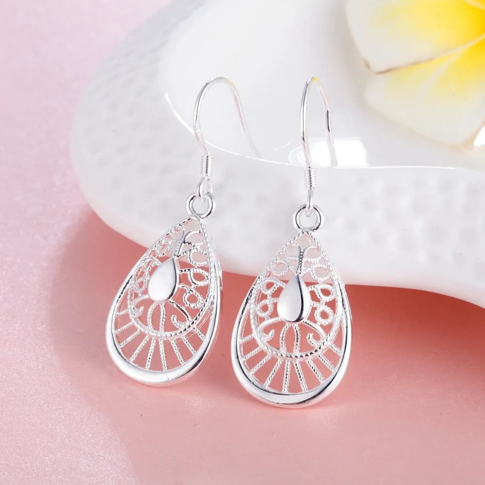 Hot Selling 925 Sterling Silver Vintage Earrings High Quality Fashion Jewelry Christmas Gift Carved Water Drops