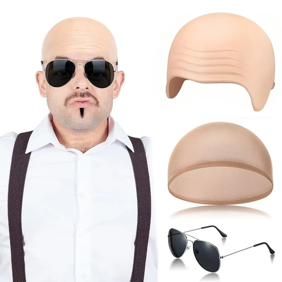 Bald Outfit Cosplay Accessories Set with Latex Bald Hat And Nylon Wig Cap for Halloween Christmas Carnival April Fool's Party