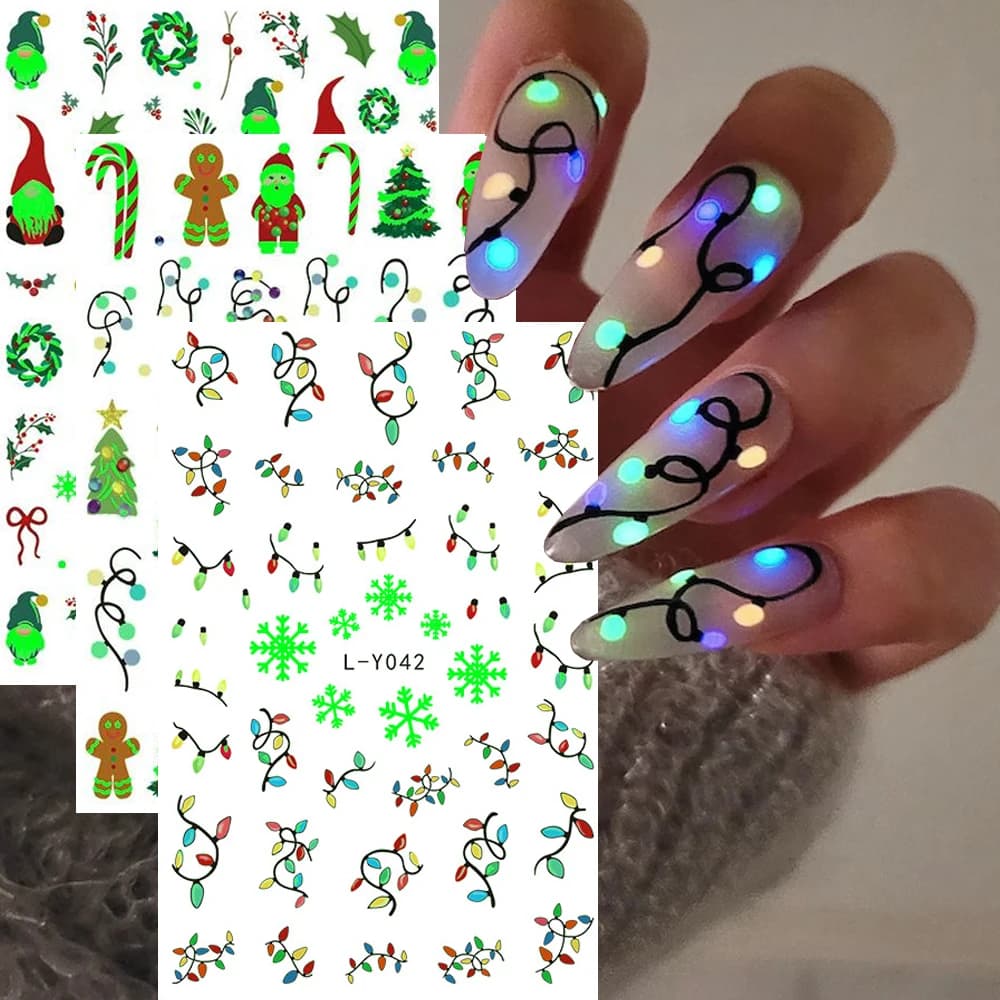 3D New Luminous Colored Light Bulbs Christmas Tree Nail Art Stickers Noctilucent Lanterns Snowflakes Santa Claus Nail Decals