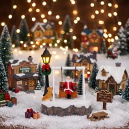 Christmas Village Santa Swing Decoration LED Lighted Figurine Miniature Scene Xmas Tree Snow House Tabletop Ornament Gift Decor