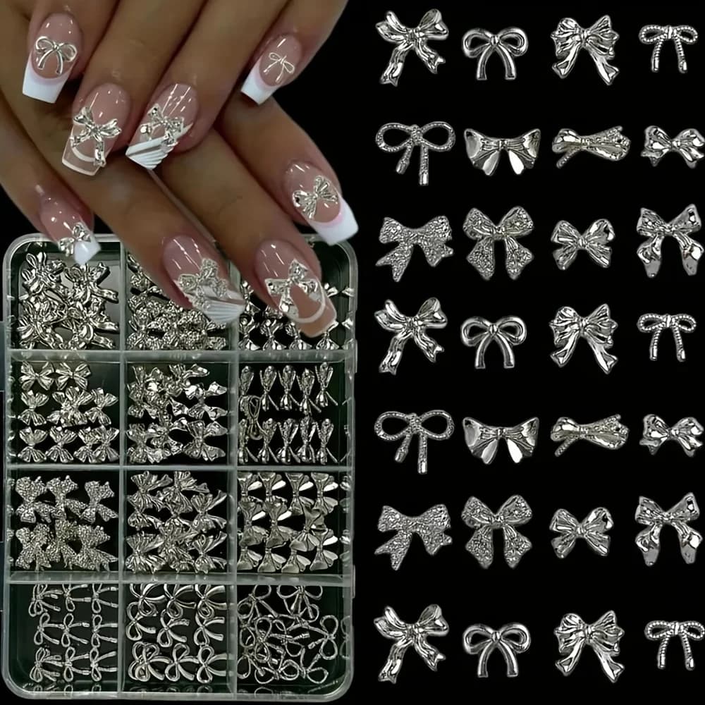 120Pcs Silver Nail Art Decorations Y2K Style Metal Charms For Christmas Wedding Valentine's Day DIY Manicure Supplies