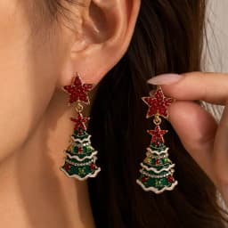 Festive Rhinestone Christmas Tree Drop Earrings for Women Green Red Enamel Star Dangle Holiday Party Statement Jewelry Gift