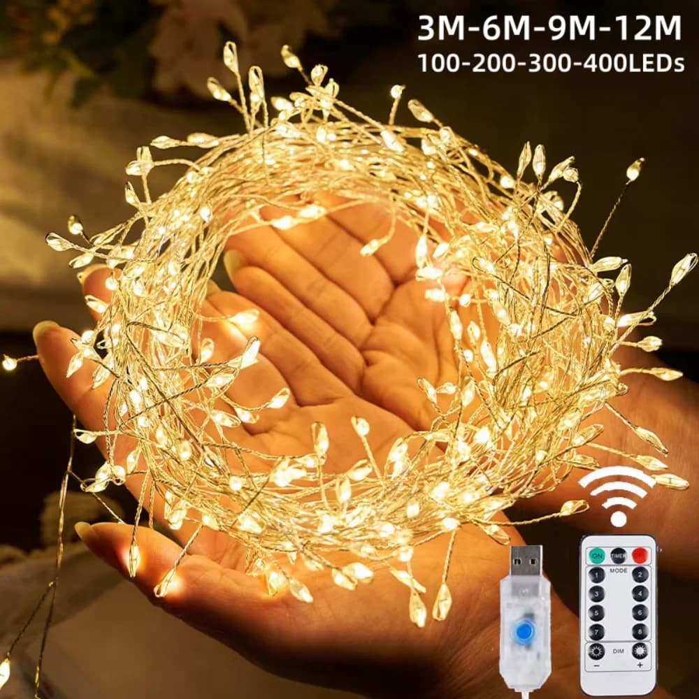 1PC 3/6/9/12M USB Power LED Firecracker String Fairy Lights Remote Control 8 Modes for Wedding Party Garden Bedroom Christmas