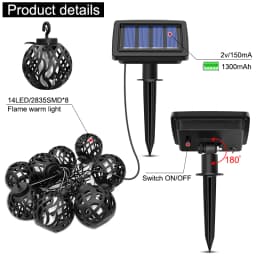 Solar String Lights LED Outdoor Waterproof Flickering Flame Hanging Solar Lantern Lamp with 8 Ball for Patio Garden Yard