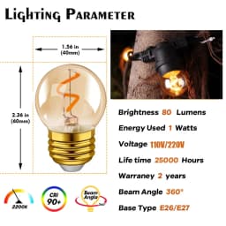 G40 Gold Led Spiral Filament Light Bulb 1W (Equivalent 10W) Energy Saving Led Lamp Amber Glass E27 220V 2200K Dimmable Led Bulb