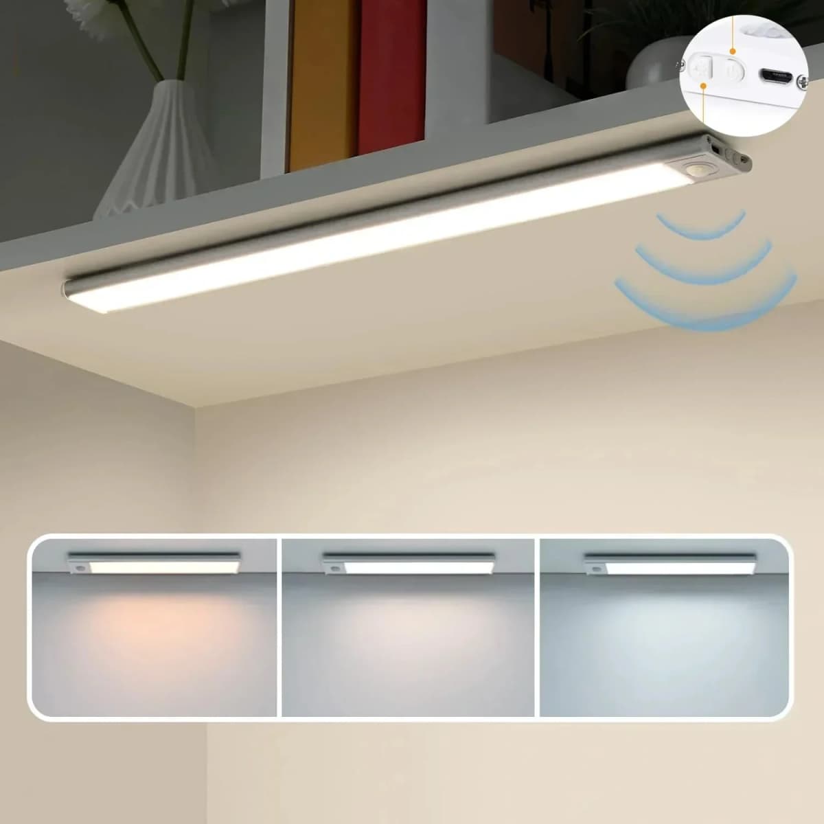 Night Light Motion Sensor LED USB Rechargeable 1000mAh Battery Cabinet Lamp 3 Colors Dimming For Bedroom Kitchen Light