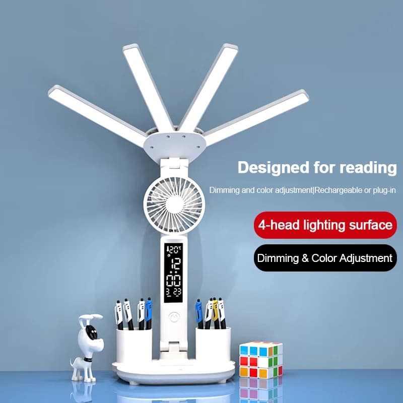 LED Rechargeable Table Lamp for Study, Desk Lamp Reading Light Led Table Light with Fan, Led Clock Dispaly Reading Lamp