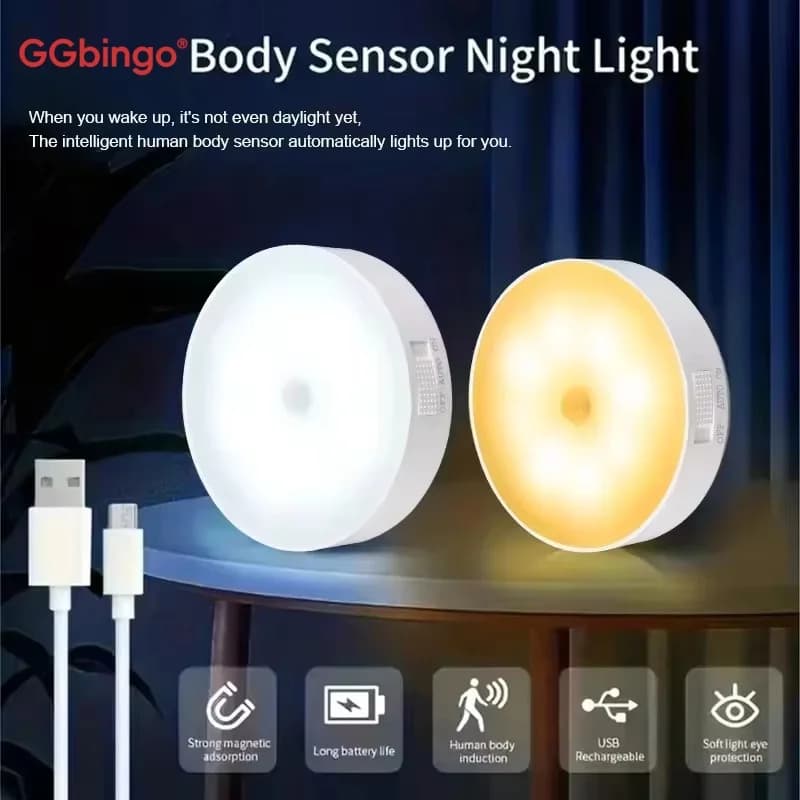 GGbingo Motion Sensor Night Light, Type-C Rechargeable Wireless LED for Kitchen Cabinet, Wardrobe, Closet & Staircase