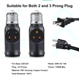 E26 E27 LED Bulb Base to US 2/3Prong Splitter Convert Polary Light Socket Switch AC Plug Garage Porch CCTV Camera Outlet Adapter