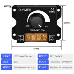 DC12V-24V LED Dimmer 30A 360W Brightness Adjuster Rotary Knob PWM Stepless Dimmer Switch LED Controller for Light Strip Dimming