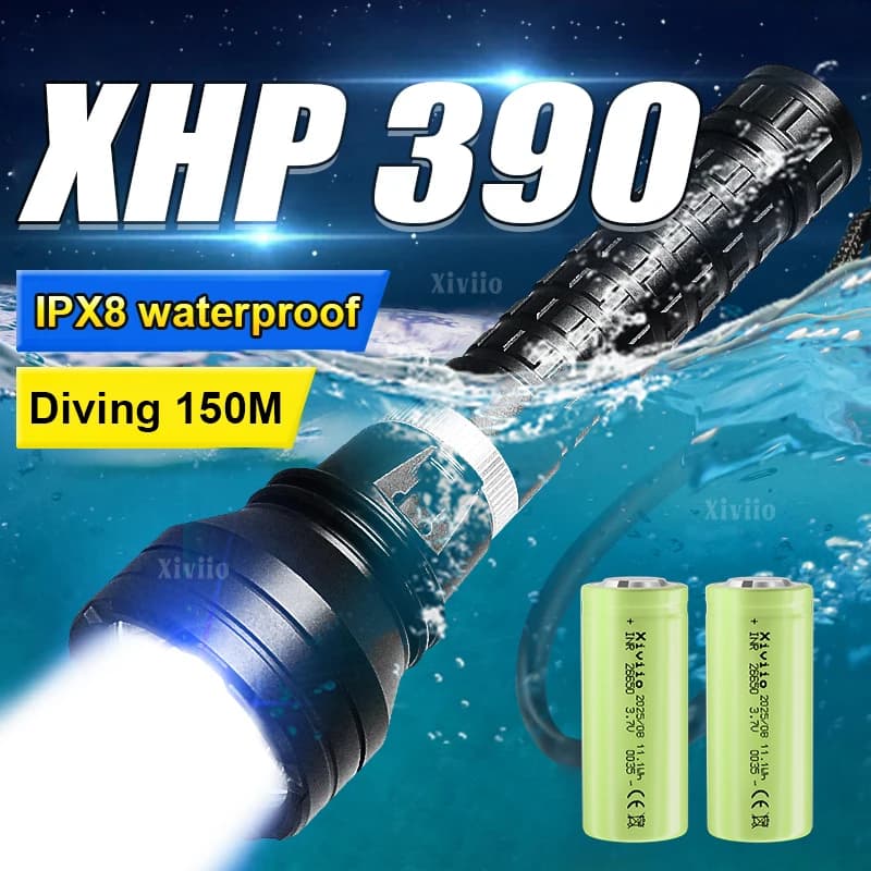 XHP390 Diving Flashlight 26650 Rechargeable Fixed Focus Super Bright Underwater Lantern Diving 150m Professional Diving Torch