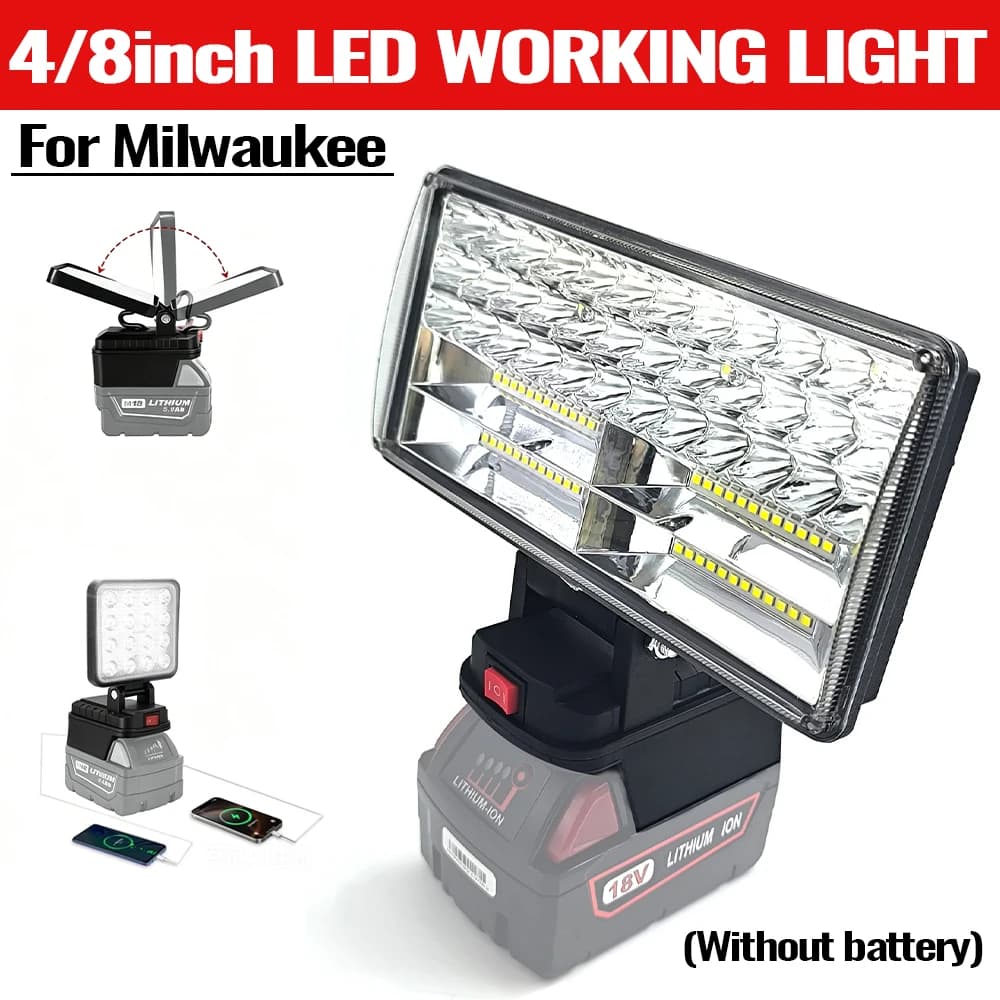Led Light Fit for Milwaukee Battery M18 4/8In Portable Spotlight Cordless Outdoor Work Fishing Handheld Emergency Tool Light