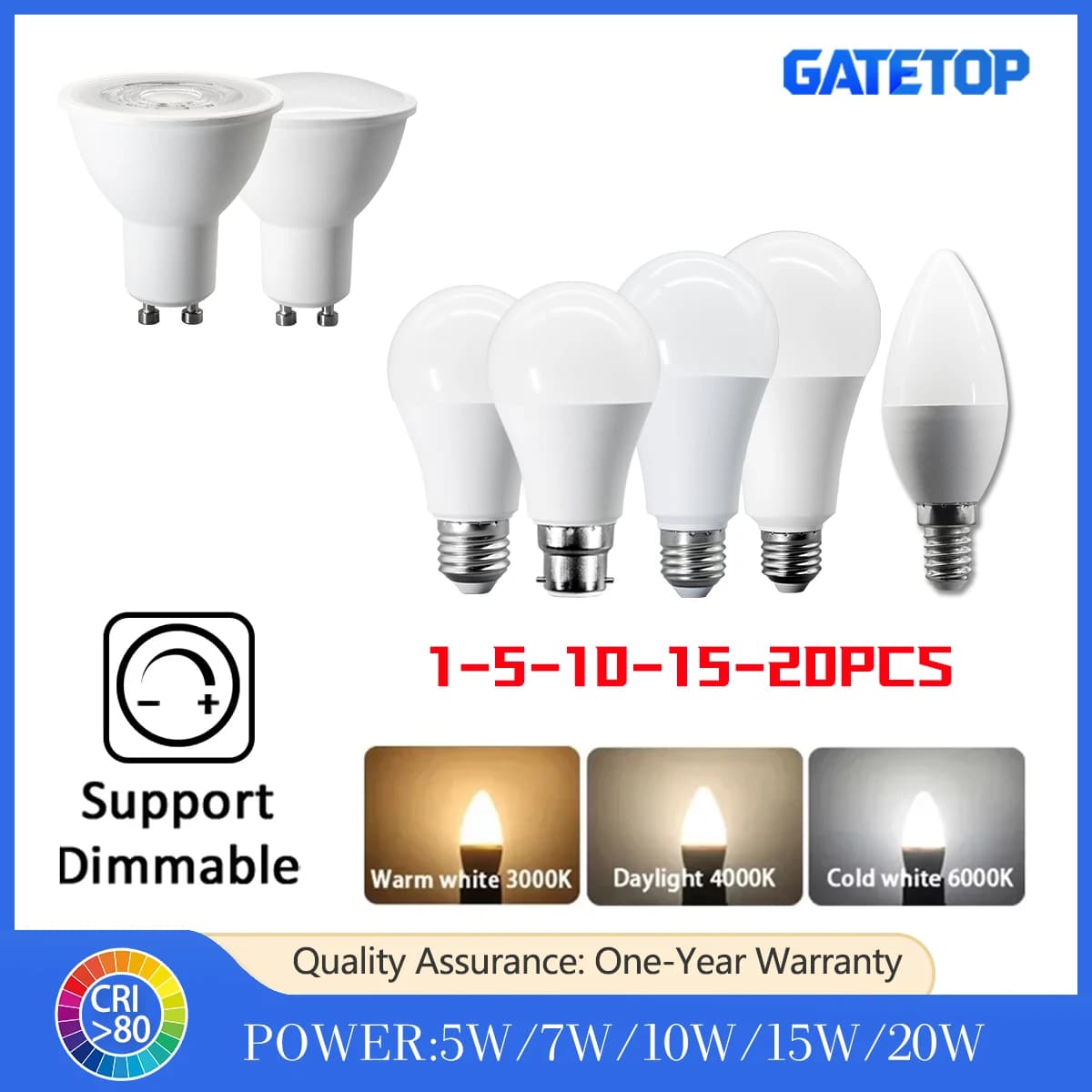 1-20pcs Dimmable GU10 E27 B22 E14 Led Spotlight 220V Warm Light 3000K 4000K Dimming Bulb Replace 50W Halogen Lamp Home Direction
