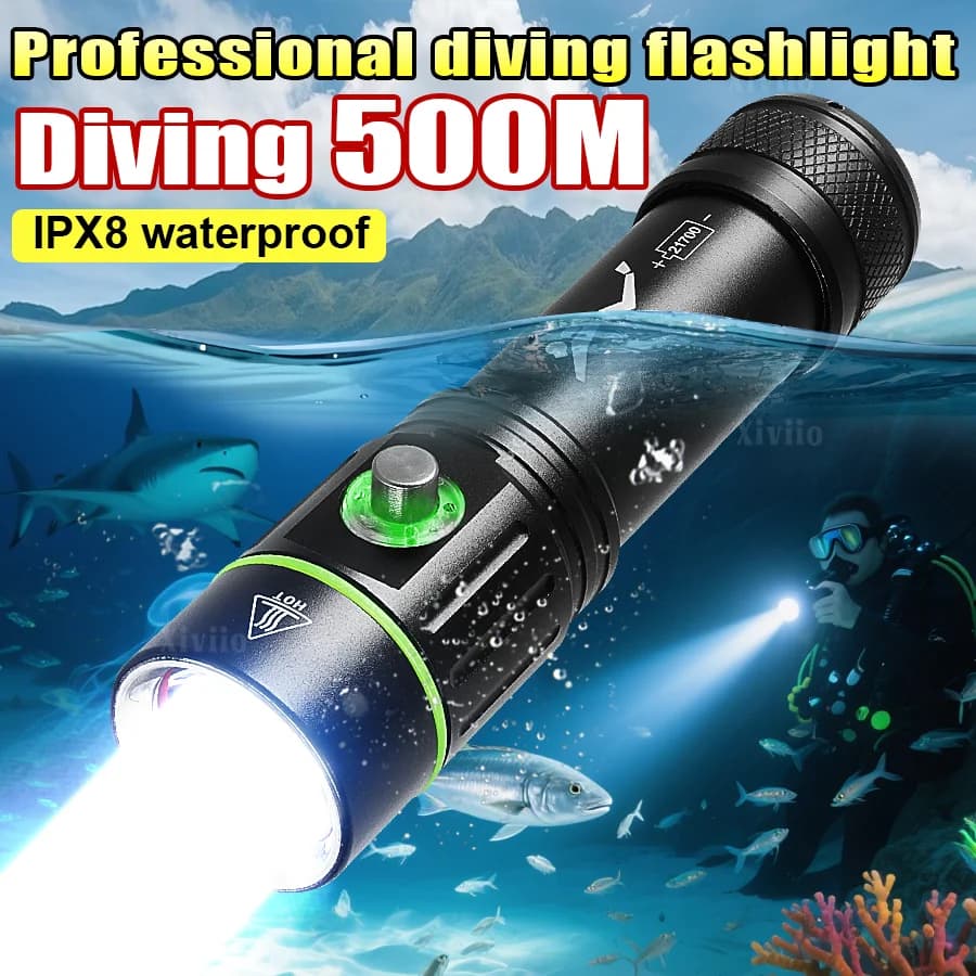 Professional Deep Diving 500M Flashlight 200000 LM IPX8 LED Scuba Flashlight Press Switch Exploration Torch Dive Torch Hand Lamp
