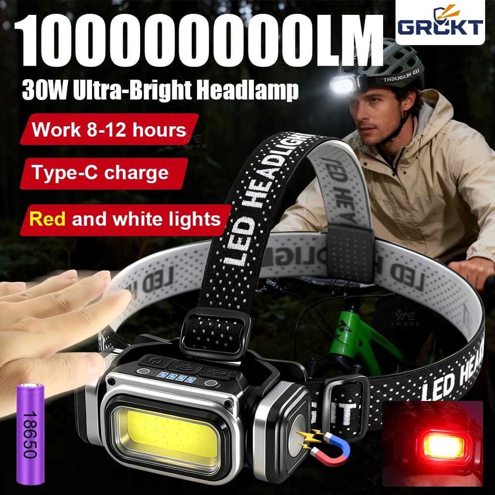 30W Powerful Headlamp USB Rechargeable Lamp Wave Sensor COB Bicycle Head Lights Red Light Outdoor Runing Fishing Headlight 18650