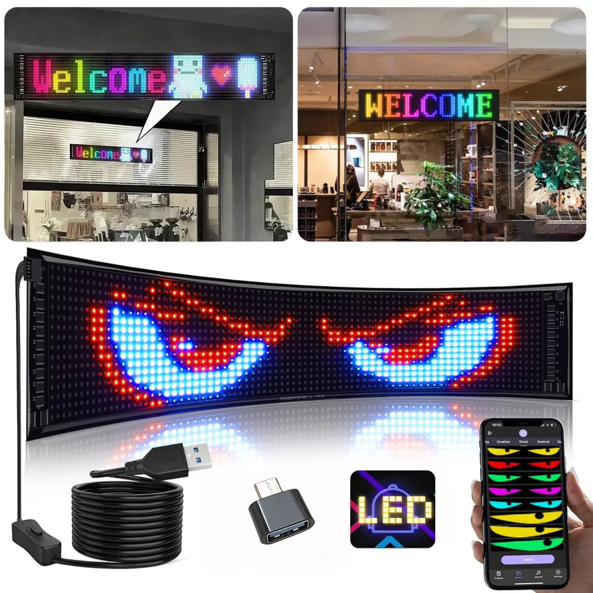 RGB Pixel Soft Screen, 5V USB Powered with Battery, APP+Key Remote, Custom Text/Pattern/Animation Scrolling LED Display for DIY Decoration
