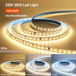 5m 10m 20m 50m 220V LED Strip Light SMD 2835 120LEDs/m 8mm Flexible and Cuttable Home Lamp Adhesive Tape Warm/Natural/Cool White