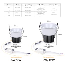 High Quality Recessed Aluminum COB LED Spotlight Bulb Spot Light 7W 12W Downlight Ceiling Lamp Room Lighting 85-265V