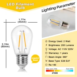 S14 2W Plastic Edison Light Bulbs Vintage Shatterproof E27 Base Warm White Equal to 20W Incandescent String Light Replace Bulb