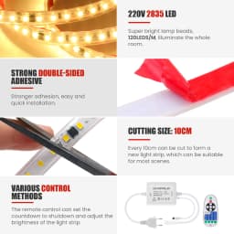 220V 2835 LED Strip Light Wall Touch Wifi Bluetooth 23key Remote Control Power Kit Dimmable 120 LEDs Flexible Tape Waterproof