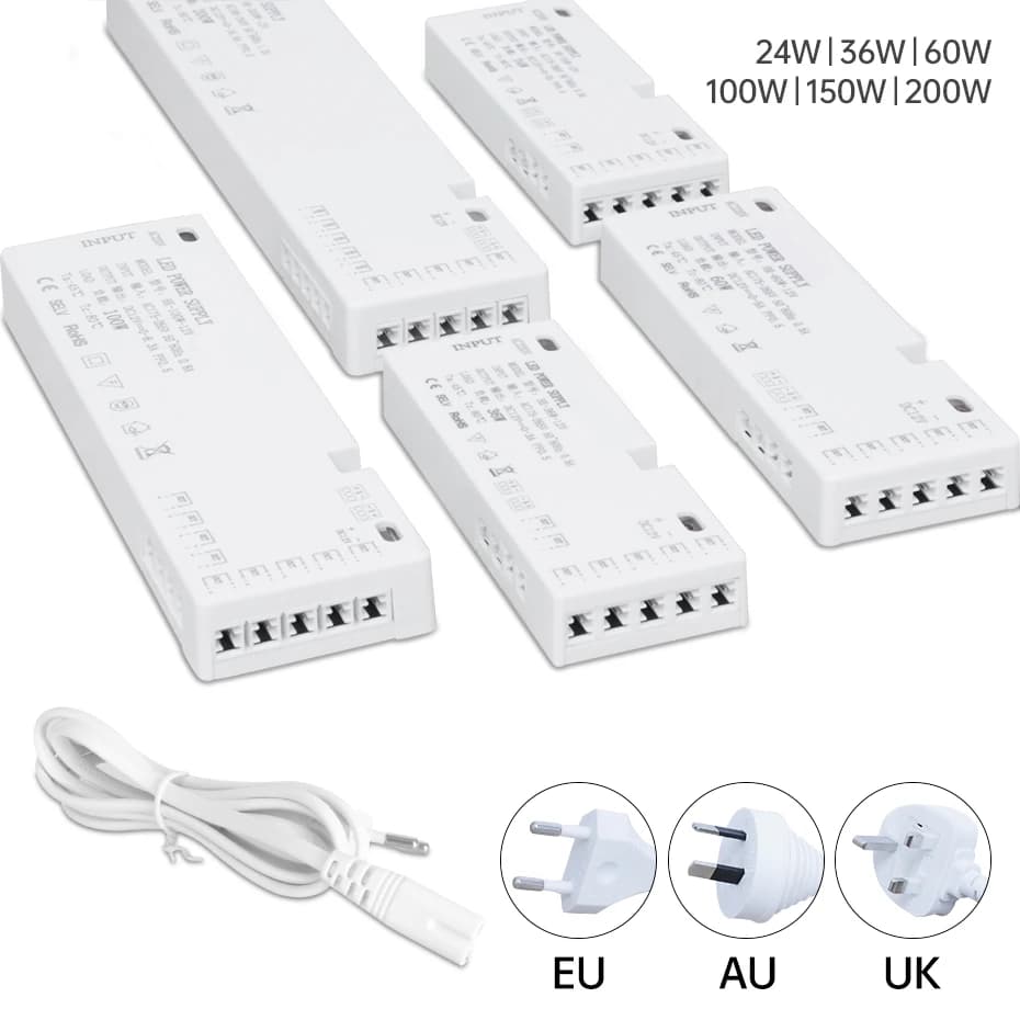 24W-200W LED Cabinet Light Transformer Power Supply AC220V to DC12V/24V with 7/9/10x DuPont Ports for Integrated Lighting