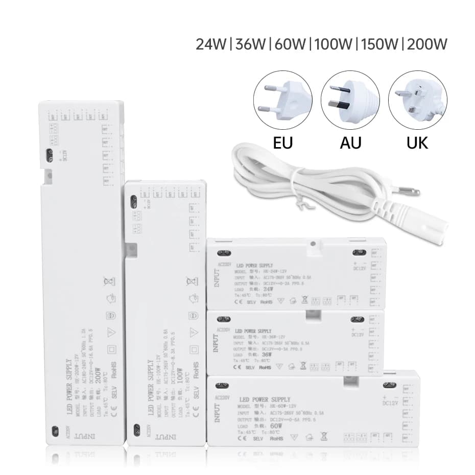 AC 220V LED Cabinet Light Transformer DC12V/24V 24W 36W 60W 100W 150W 200W Driver for Closet/Shelf Led Light Strip to Used
