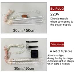 Solar/EU 8 Tubes LED Meteor Shower Rain Lights Waterproof Falling Raindrop Fairy String Light Holiday Party Patio Decor 30/50CM