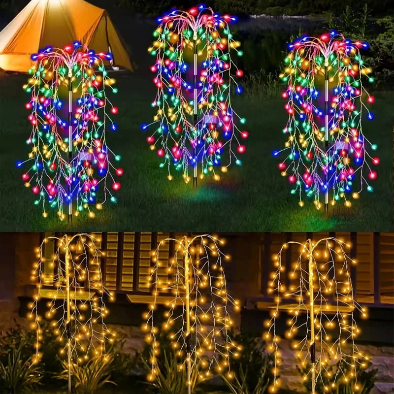 1pc 200LED Solar Firecracker Willow Firework Lights Outdoor 8 Lighting Modes IP65 Smart Light For Yard Garden Path Decoration