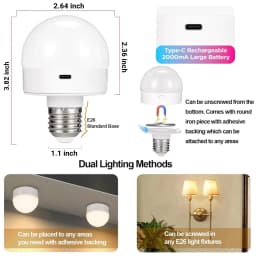 GGbingo Rechargeable LED Smart Bulb E27 with USB Control Color Temperature 15 Brightness Levels RGB Timer Function And Remote