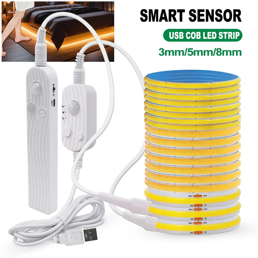 Motion Sensor 5V Led COB Light Strip Battery Usb Powered Auto ON/OFF Liner Lighting Diode for Cabinet Wardrobe Kitchen Staircase