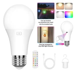 Rechargeable Battery Operated A19 Light Bulb with Remote Control Dimmable, 15 Colors Selectable & 3 Timer, Non-Hardwired