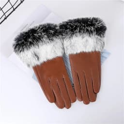 New Arrival Wholesale Women's Real Sheepskin Leather Gloves With Rabbit Fur Cuffs Female Cycling Warm Gloves Fleece Lining