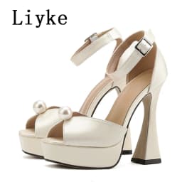Liyke Sexy 13.5CM Super High Heels Platform Sandals Women Summer Fashion White Pearl Peep Toe Wedding Banquet Shoe Zapatos Mujer