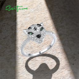 SANTUZZA Authentic 925 Sterling Silver Ring For Women Sparkling Green Spinel White Cubic Zirconia Unique Leopard Fashion Jewelry