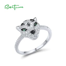 SANTUZZA Authentic 925 Sterling Silver Ring For Women Sparkling Green Spinel White Cubic Zirconia Unique Leopard Fashion Jewelry