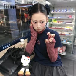 Tonngirls Harajuku Patchwork T-shirt Women Long Sleeve Striped Fake Two Pieces Tops Streetwear Y2k Vintage Tops Japanese 2000s