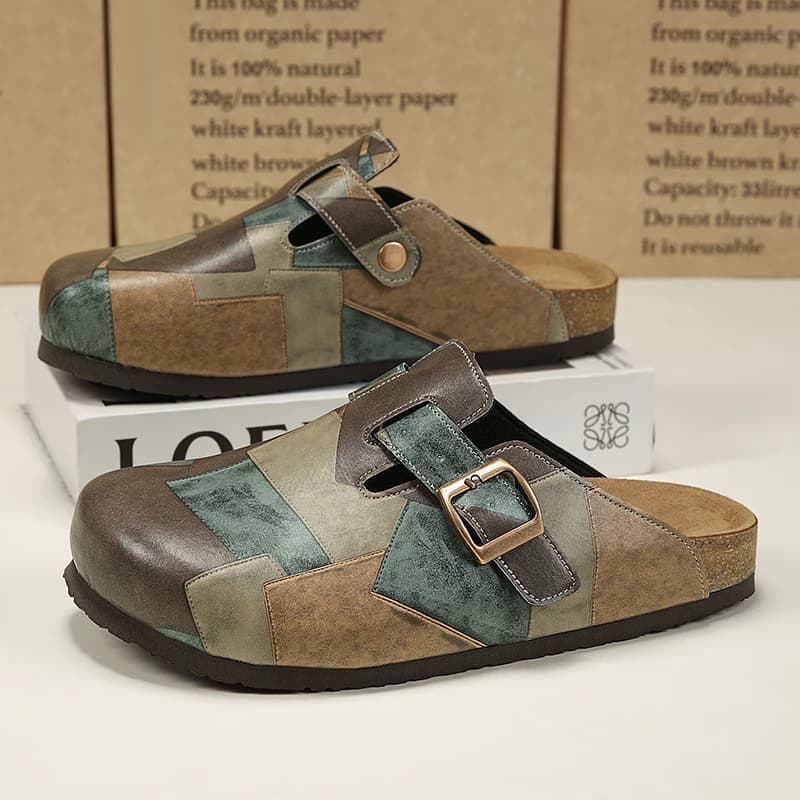 Unisex Cork Closed Toe Slippers Slip-on Clogs Slides Fashion Leather Sandals with Adjustable Buckle Backless Comfort Footbed