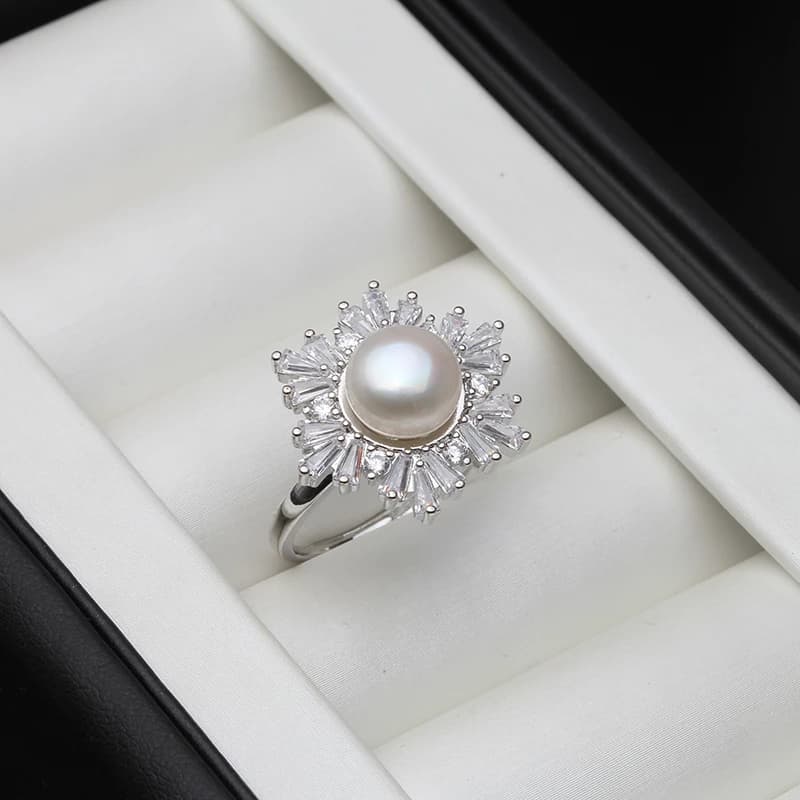 Real 925 Sterling Silver Ring With Pearls Woman,Trend Adjustable Natural Freshwater Pearl Ring Wife Mother Birthday Gift Black
