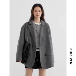 CHIC VEN Women Woolen Coats Loose Casual Oversize Double Breasted Double-sided Jacket Office Ladies Outerwear Autumn Winter 2026