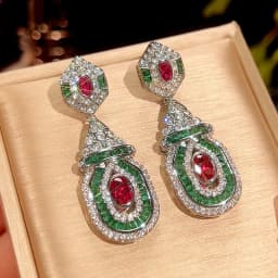Vintage Glamorous Ruby Red Emerald Green Crystal Dangle Earrings Geometric Teardrop Shaped Statement Jewelry for Women Party