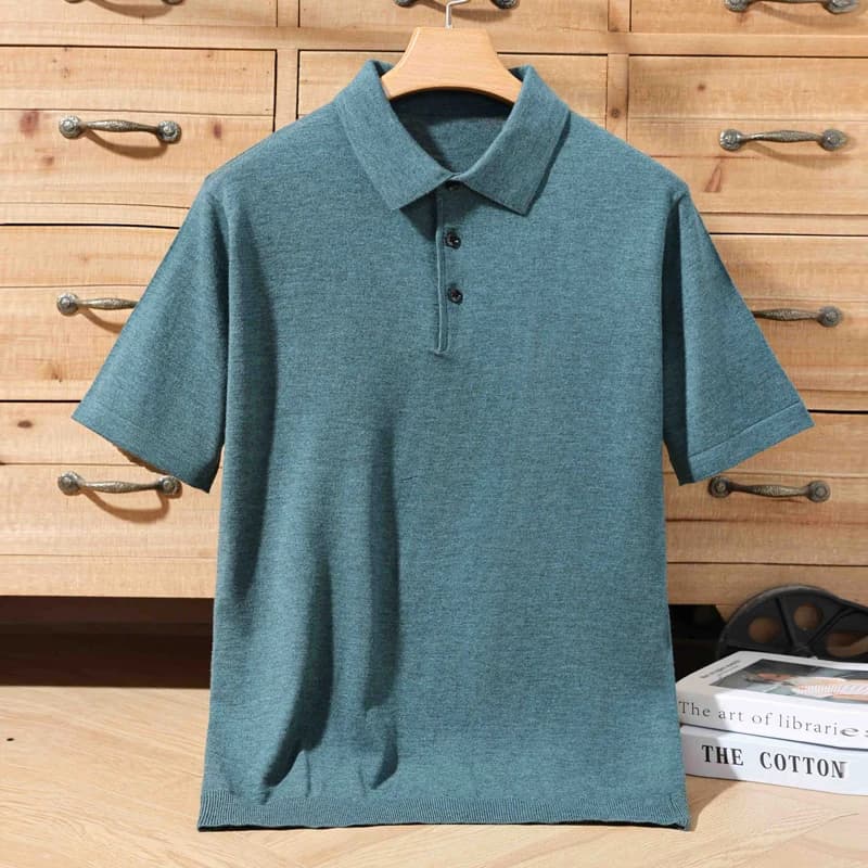 Men's summer new 100% Merino wool leisure knitted Polo neck fashion loose solid color short sleeve plus size bottoming shirt.