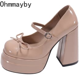 Platform Square High Heel Women's Mary Jane Shoes Fashion Butterfly-knot Shoes Spring Autumn Wedding Party Shoes