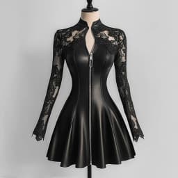 Women’s Elegant PU Leather Dress Black Lace Patchwork Mesh Long Sleeve Zipper Up Bodycon Dress A-Line Party Sexy Mini Dresses