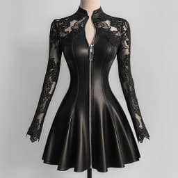 Women’s Elegant PU Leather Dress Black Lace Patchwork Mesh Long Sleeve Zipper Up Bodycon Dress A-Line Party Sexy Mini Dresses