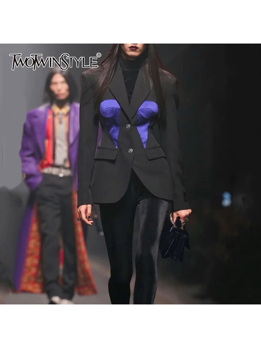 TWOTWINSTYLE Hit Color Slimming Fashion Blazers for Women Lapel Long Sleeves Patchwork Single Breasted Blazer Female Clothes New