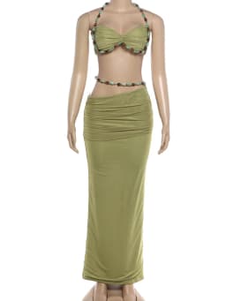Kliou Beads Decoration 2 Piece Set Woman Halter Low-Neck Backless Camisole Tops+Elastic Waist Long Skirts Elegant Style Outfits