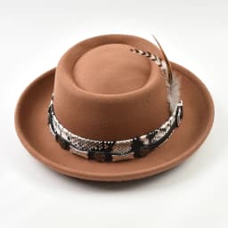 Classic Imitation Wool Soft Felt Pork Pie Hat Mens Rolled Brim Felt Fedora Hat with Feather