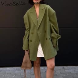 Women Loose Fit Blazer Notched Lapel Double Breasted Drop Shoulder Patch Pockets Casual Suit Jacket 2026 New Ladies Outerwear